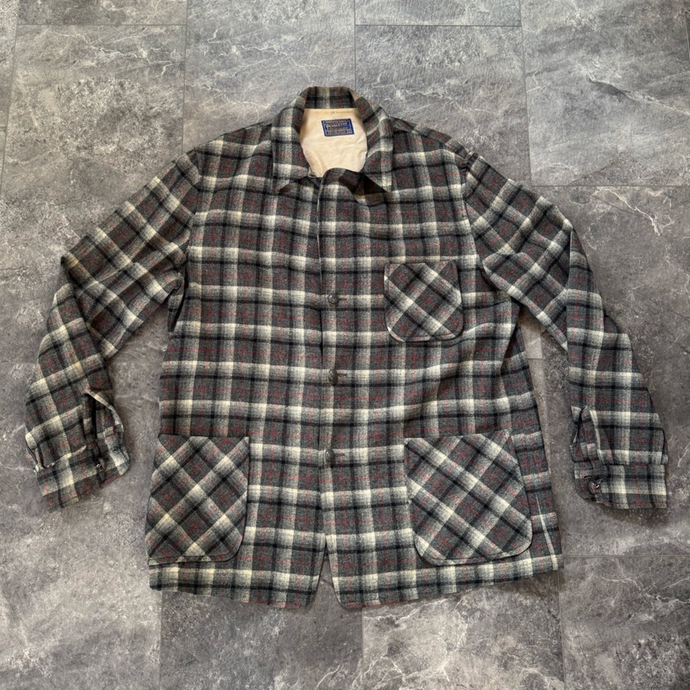 Pendleton Vintage Gray Plaid Wool Blazer Suit Over Coat Size XL